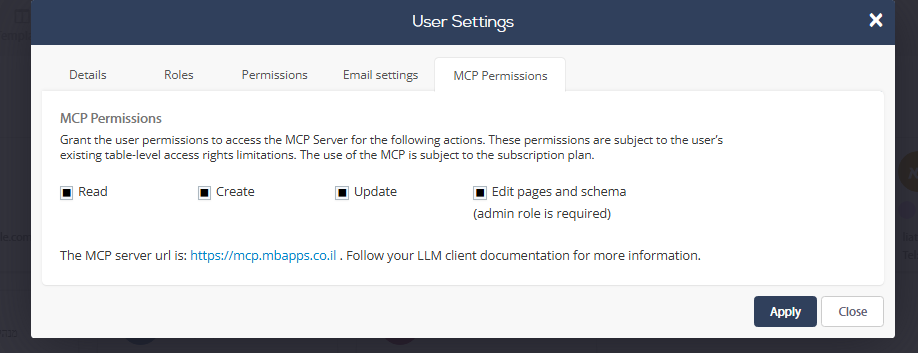 הרשאת Edit pages and schema הדורשת תפקיד Admin