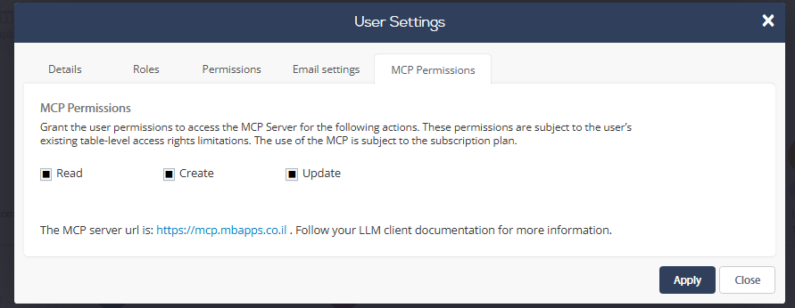 הגדרת Read Create Update בלשונית MCP Permissions