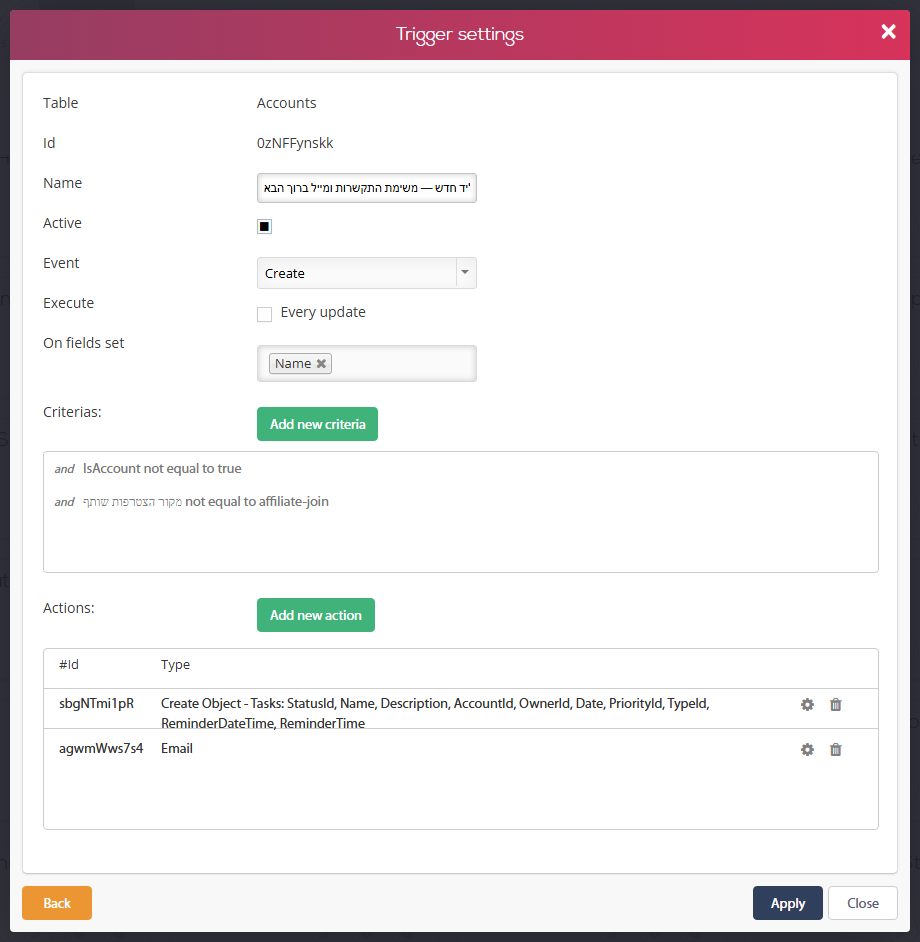 חלון Trigger settings של טריגר 'ליד חדש' — טבלת Accounts, אירוע Create, On fields set: Name, תנאים ופעולות Create Object (משימה) ו-Email