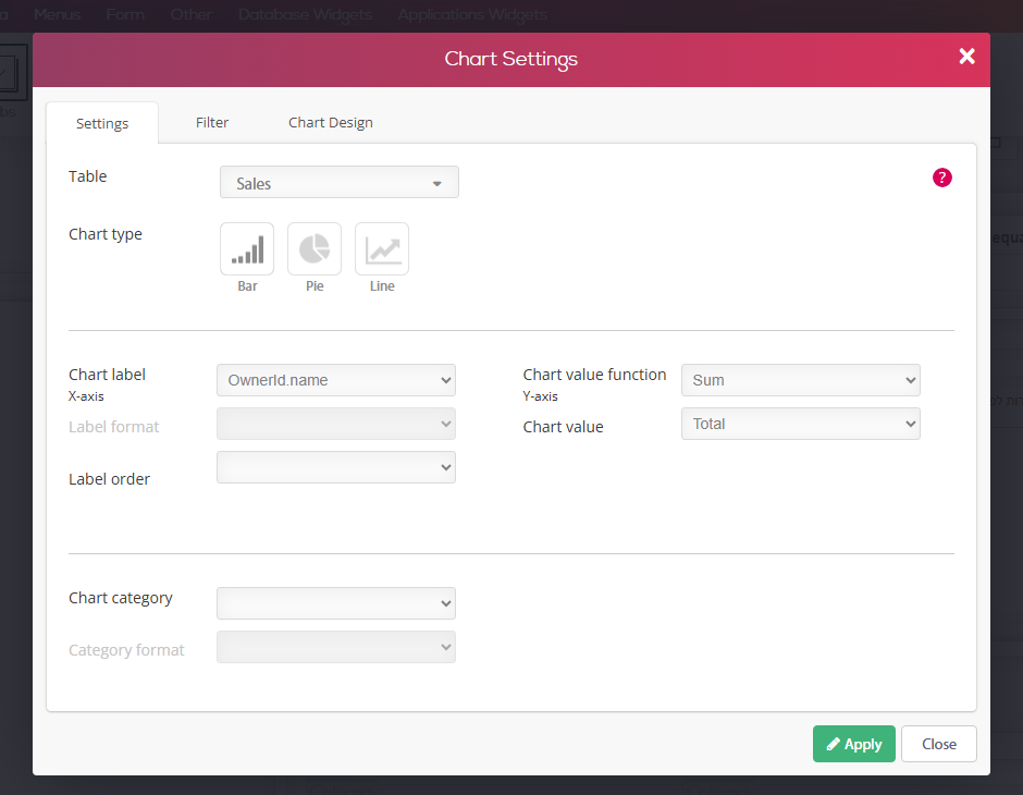 חלון Chart Settings בעורך הדפים — טבלה Sales, סוג גרף Bar, שדה תווית OwnerId.name, פונקציית Sum על השדה Total