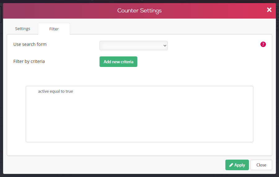 Counter Settings dialog, Filter tab - filter by criteria active equal to true