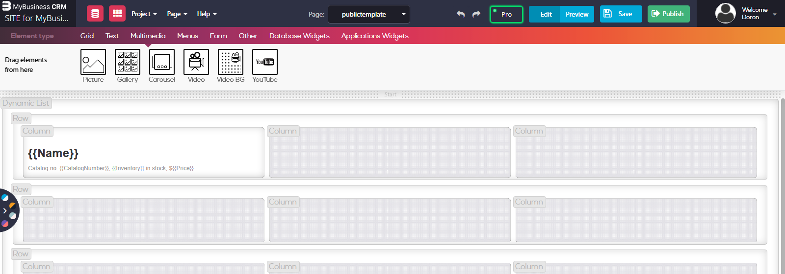 Website builder - a Dynamic List on the canvas; the first column defines the fields shown for every row with {{ }} placeholders