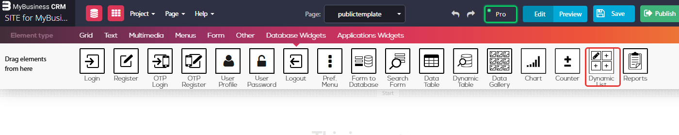 Website builder - the Database Widgets tab, with the Dynamic List widget (formerly Dynamic Grid) marked