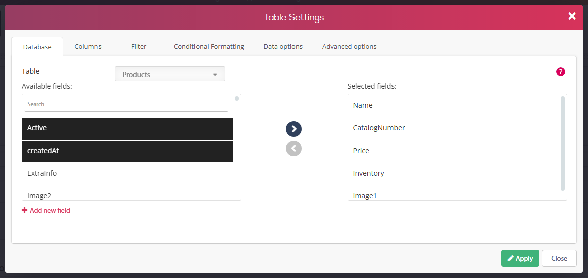 Data Table widget - Table Settings, Database tab: table Products, available fields on the left and the selected fields Name, CatalogNumber, Price, Inventory, Image1 on the right