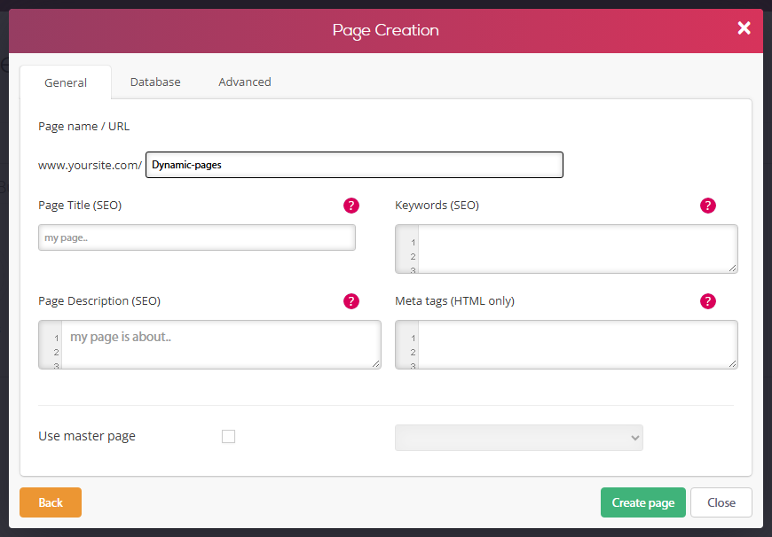 Page Creation dialog, General tab - the page name Dynamic-pages entered in the Page name / URL field