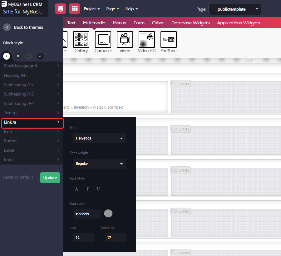 Website builder - Customize theme panel, Block style, with the Link /a settings open (font, weight, style, color, size, leading)