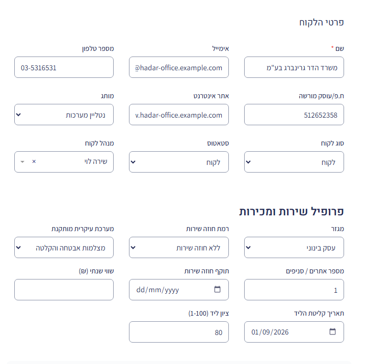 כרטיס לקוח מאורגן: כותרות סקציה 'פרטי הלקוח' ו'פרופיל שירות ומכירות', והשדות מסודרים בשורות של שלוש עמודות