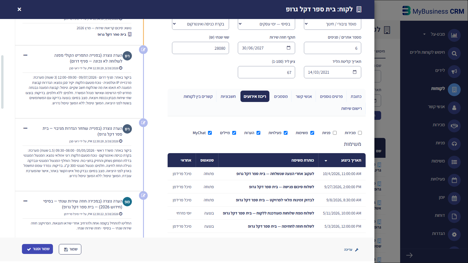 כרטיס לקוח מלא: שדות הטופס למעלה, לשוניות, וטבלת משנה של המשימות של הלקוח (ריכוז אירועים)