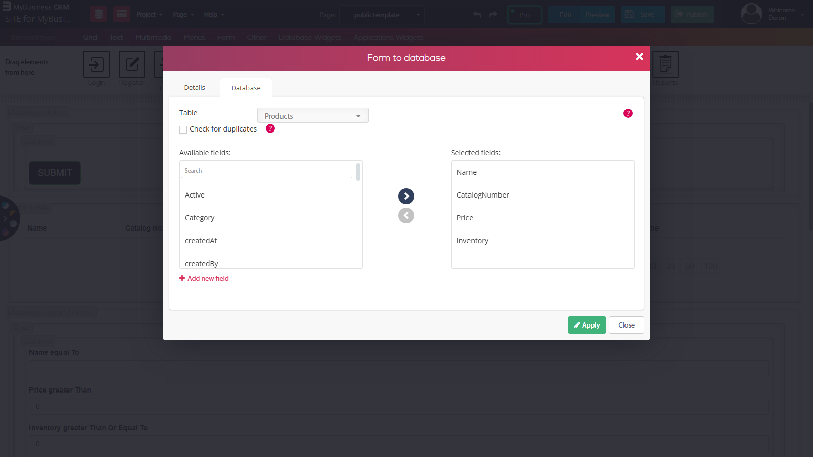 Website builder - Form to database dialog, Database tab: table Products, with Name, CatalogNumber, Price and Inventory moved to the selected fields