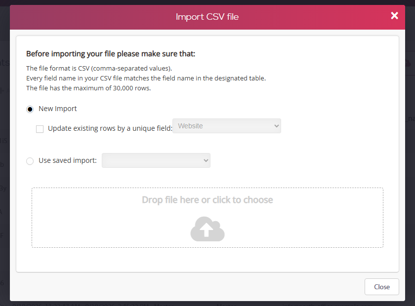 חלון Import CSV file — New Import, עדכון שורות קיימות לפי שדה ייחודי, ייבוא שמור ואזור גרירת הקובץ