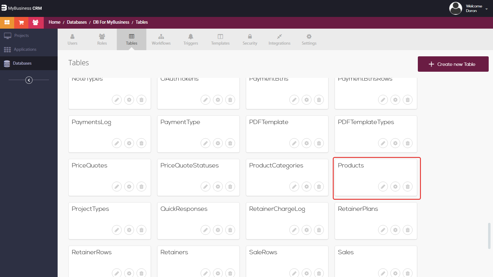 Development environment - the Tables tab of the database, with the Products table card marked