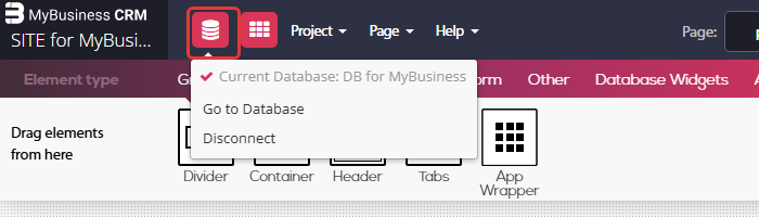 Website builder - the database menu at the top left open, showing the site connected to the database DB for MyBusiness