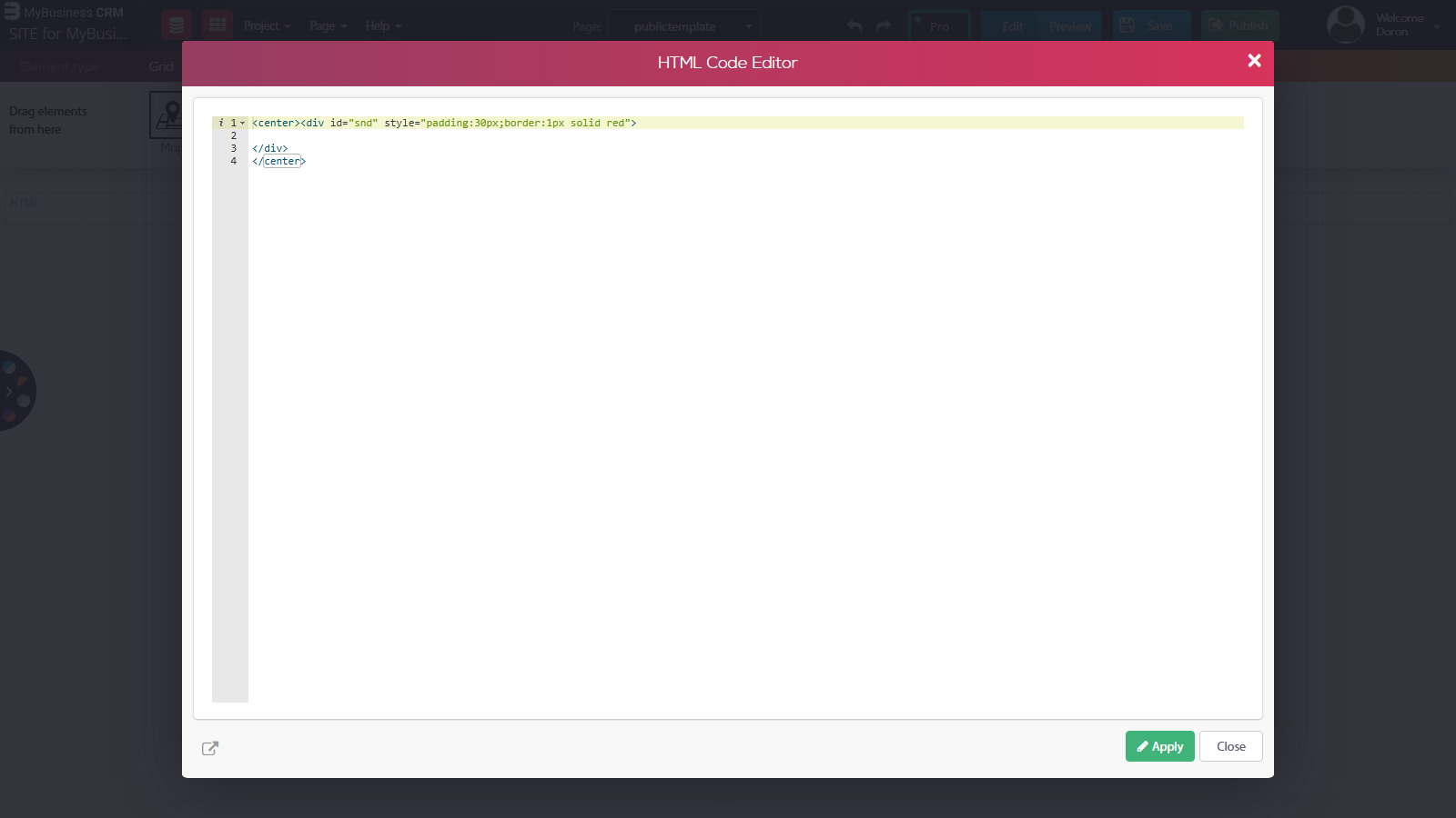 Website builder - the HTML Code Editor of a new HTML element, with a centered div whose id is snd