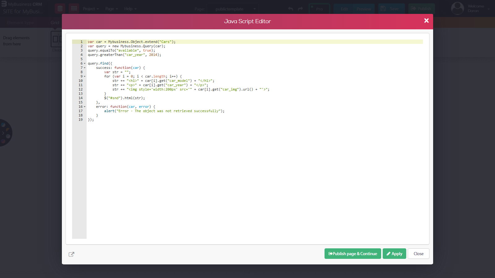 Website builder - the Java Script Editor with the example code that queries the Cars table and writes the results into #snd