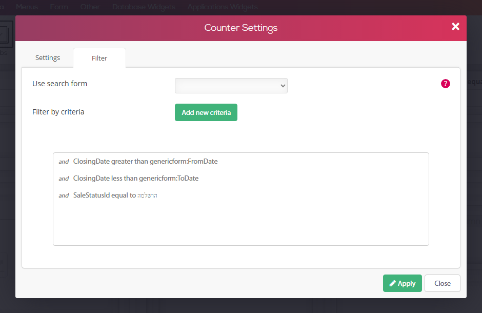 חלון Counter Settings בעורך הדפים — לשונית Filter עם קריטריוני סינון לפי תאריך סגירה וסטטוס מכירה