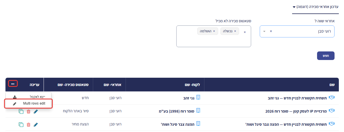 לאחר הסינון: תפריט שלוש הנקודות בכותרת הטבלה פתוח והאפשרות Multi rows edit מסומנת