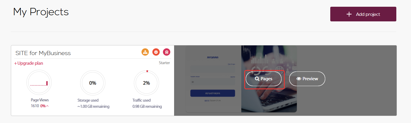 סביבת הפיתוח, My Projects: מעבר עם העכבר על הפרויקט SITE for MyBusiness והכפתור Pages מסומן