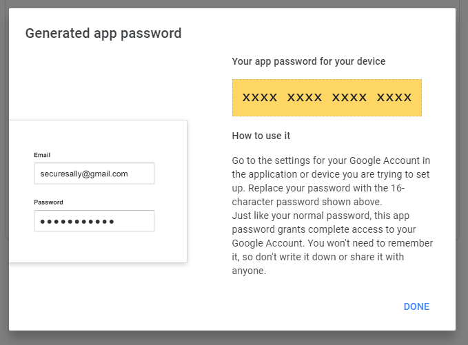 חלון Generated app password של Google – הסיסמה שהופקה מוסתרת (xxxx xxxx xxxx xxxx)
