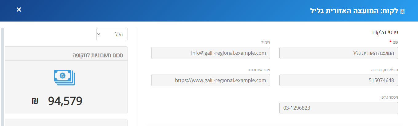 כרטיס לקוח ב-MyBooks: פרטי הלקוח ולצידם סיכומי החשבוניות והתקבולים לתקופה