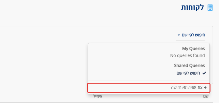עמוד הלקוחות ב-MyBooks: תפריט השאילתות פתוח מתחת לכותרת 'חיפוש לפי שם', והאפשרות 'צור שאילתא חדשה' מסומנת