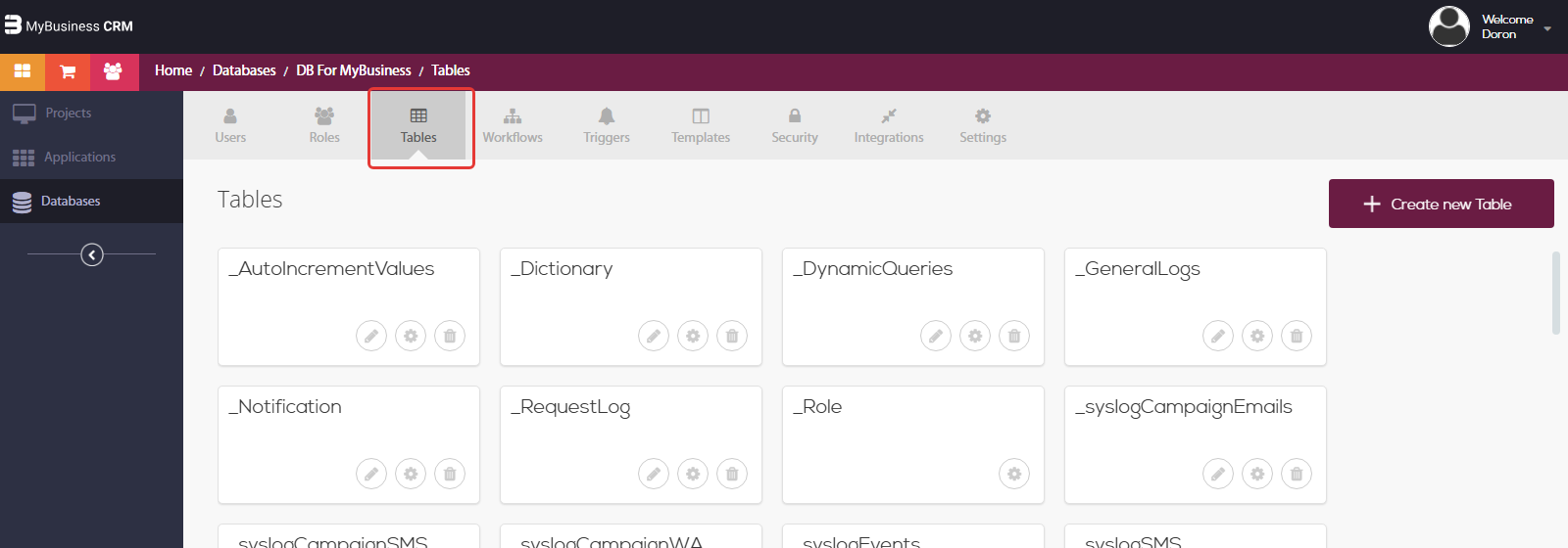 סביבת הפיתוח: Databases > DB for MyBusiness > לשונית Tables מסומנת