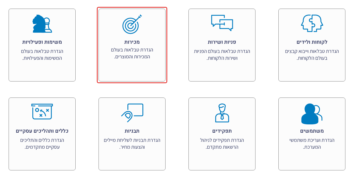 מסך הגדרות המערכת – אריח 'מכירות' מסומן