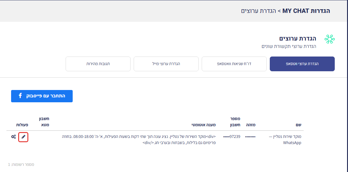 טבלת הערוצים עם סימון על אייקון העיפרון לעריכת ערוץ
