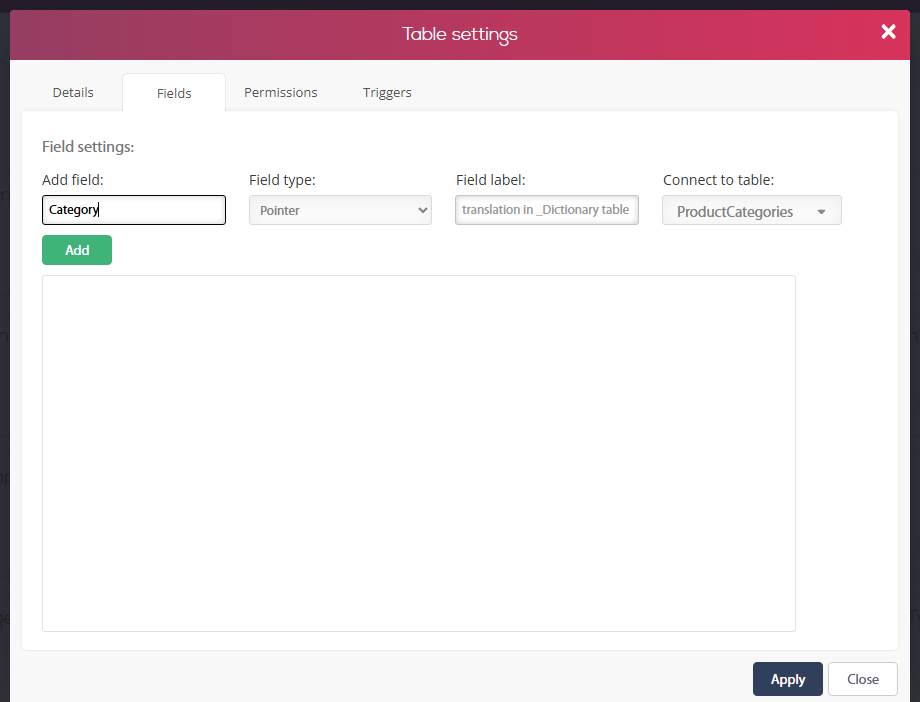 Development environment - Table settings, Fields tab: adding a field Category of type Pointer, with Connect to table set to ProductCategories