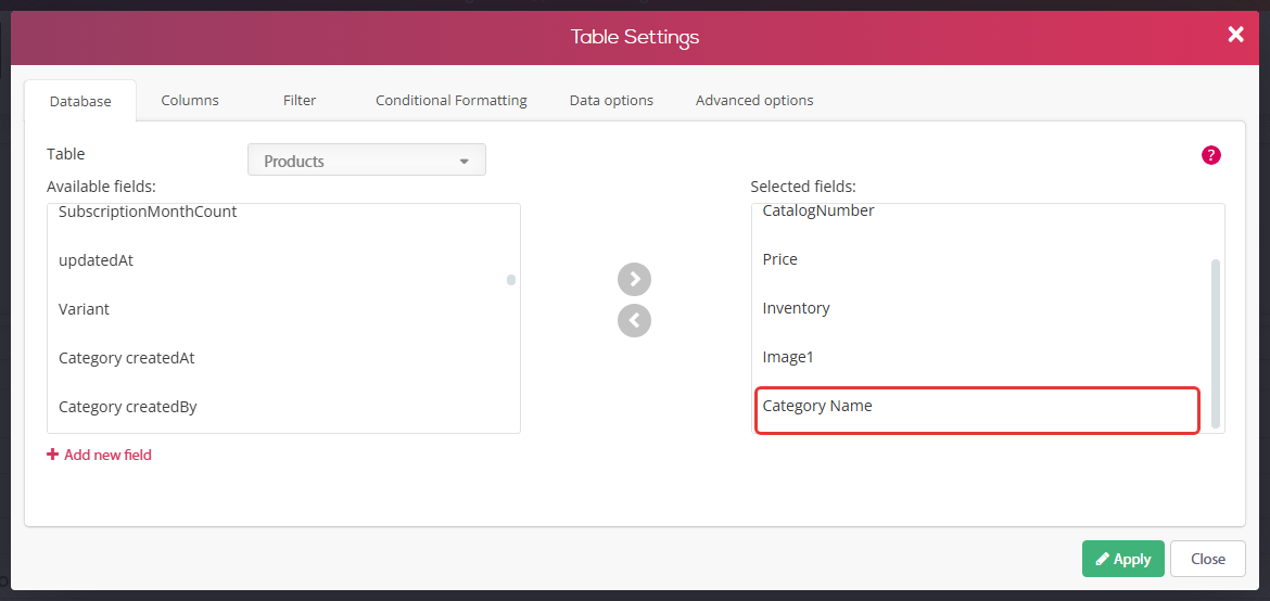 Data Table widget - Table Settings, Database tab: table Products with the pointer sub-field Category Name (the Name of the linked category) added to the selected fields
