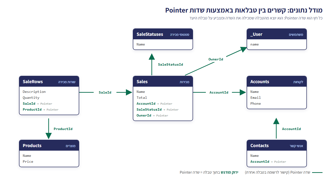 תרשים מודל נתונים: הטבלאות Sales, SaleRows, Accounts, Products, SaleStatuses, _User ו-Contacts, והחיצים הם שדות Pointer (AccountId, SaleId, ProductId, SaleStatusId, OwnerId)