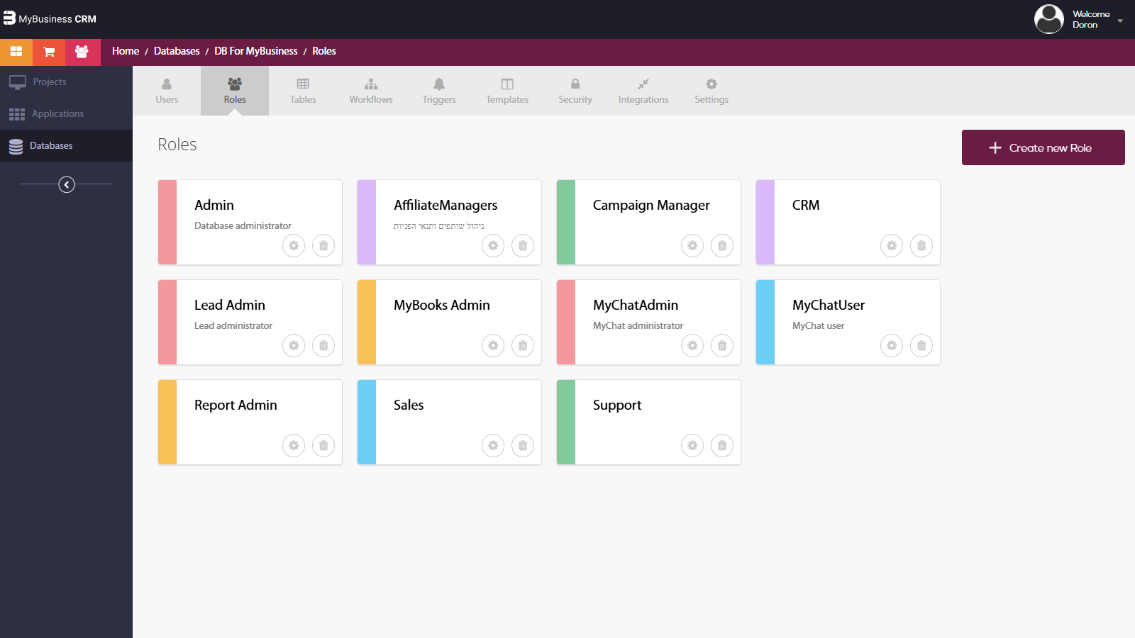Development environment: Databases > DB for MyBusiness > Roles tab with the role cards and Create new Role