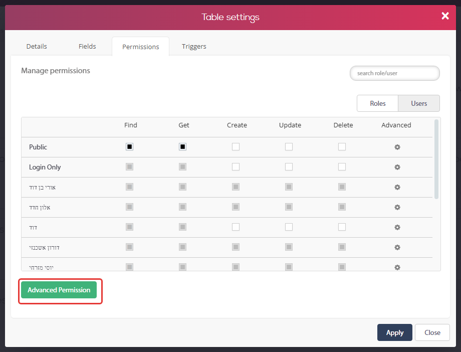 Table settings window, Permissions tab by Users, with the Advanced Permission button marked