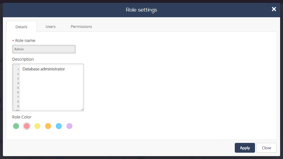 Role settings window, Details tab: Role name, Description and Role Color