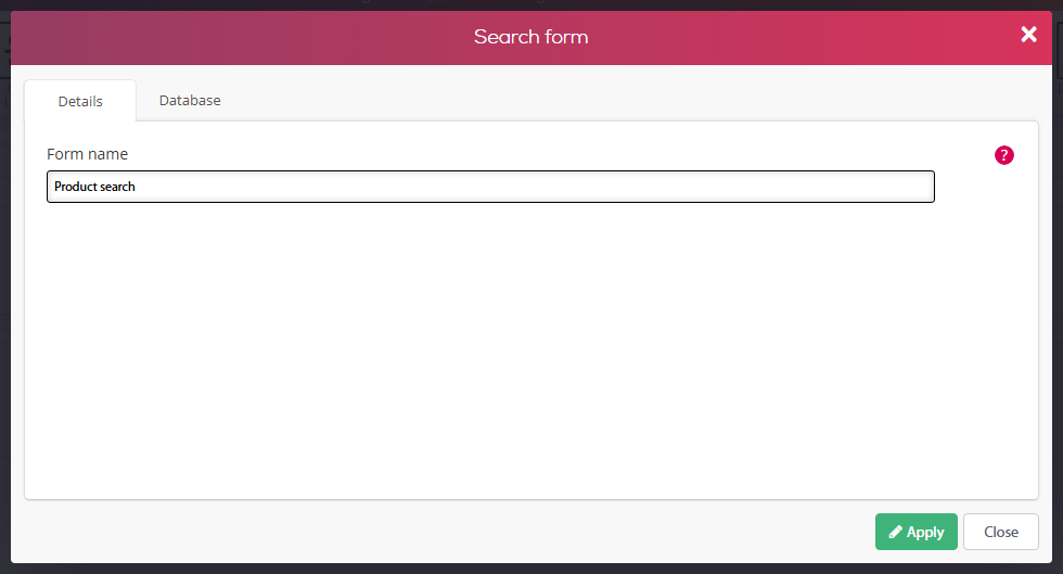 Search form dialog, Details tab - the form name Product search