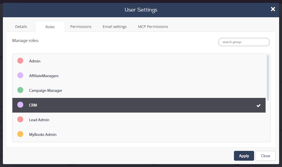 User Settings window, Roles tab: the list of roles with the user's role selected