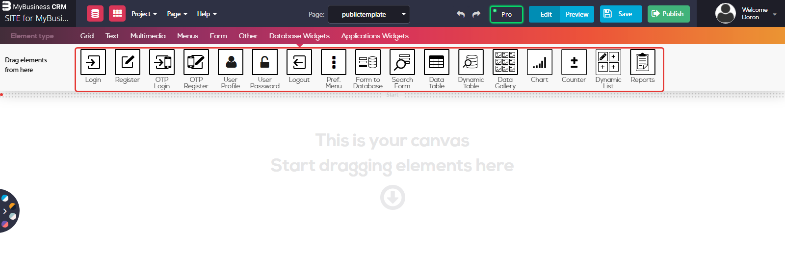 Website builder, Database Widgets tab: the widget bar (Login, Register, Logout, Form to Database, Data Table, Chart, Counter, Reports and more) marked in red