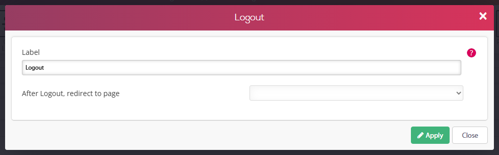 Logout widget settings window: Label and After Logout redirect to page