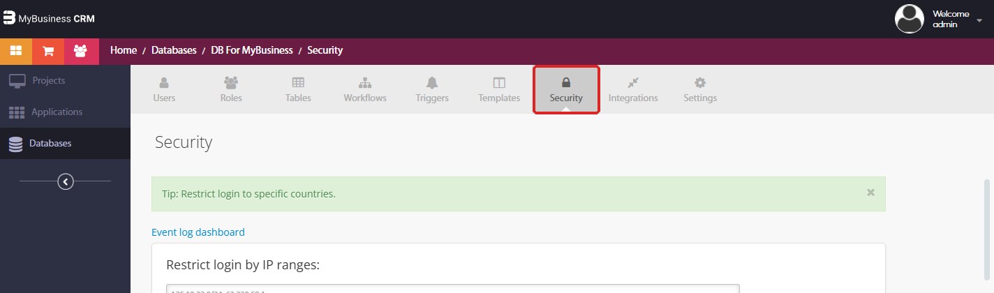 מסד הנתונים DB For MyBusiness — הלשונית Security מסומנת